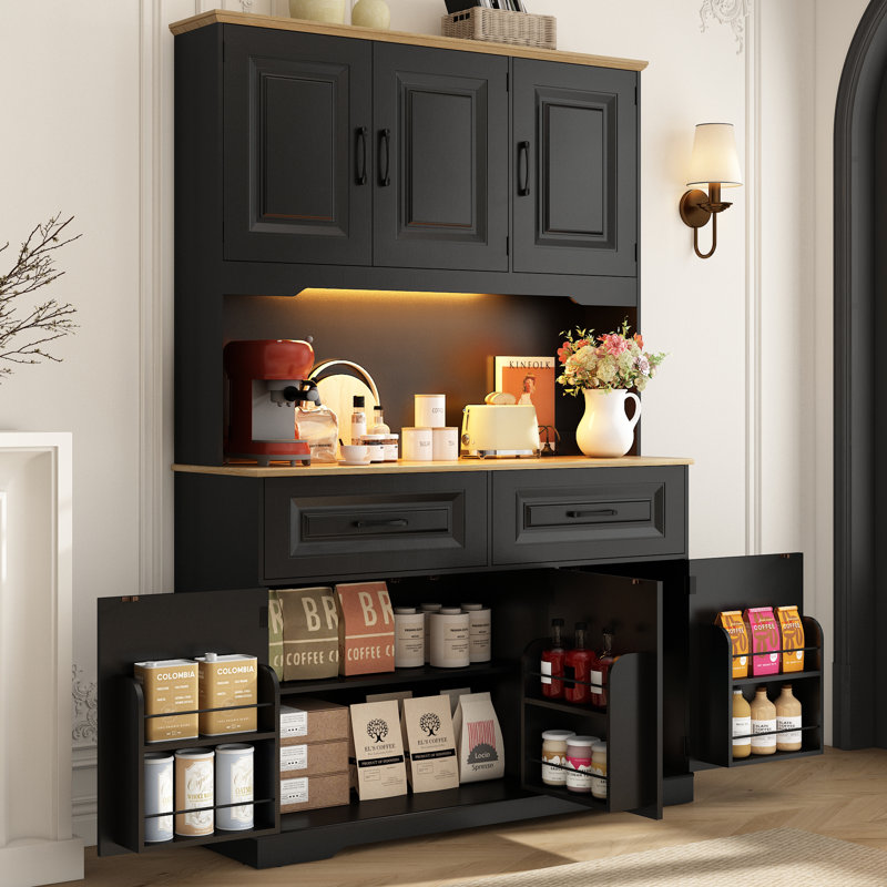 Cage Farmhouse Pantry, armoire de 71 po de hauteur avec prise de courant, éclairage à DEL, 2 tiroirs, 8 portes et rangement ouvert pour la cuisine et la salle à manger