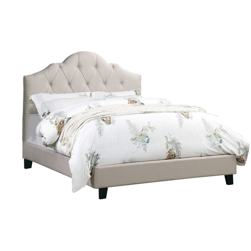 Lit double tapissier contemporain de couleur brune avec tissu en polyfibre pour chambre à coucher et structure en bois d'hévéa