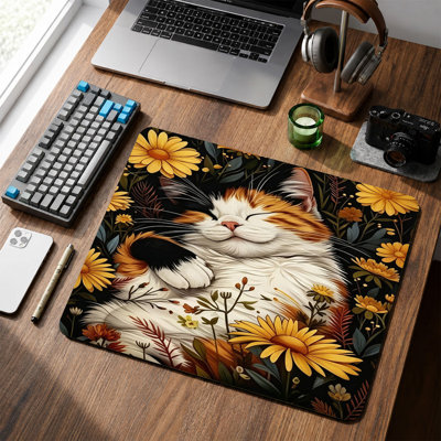Tapis de souris JYK, surface lisse en microfibre, base antidérapante, bords arrondis, idéal pour le bureau et les jeux, 30,5 x 20,3 cm, motif chat noir et fleurs jaunes. Parfait pour le bureau et les jeux.
