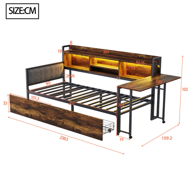 Metal Storage Bed With LED Lighting And Drawers, Brown