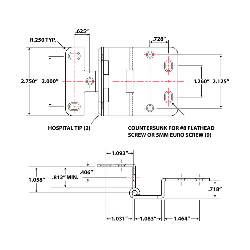 Outwater Industries: charnière à cinq articulations de 2 3/4 po en chrome mat | Pour porte 3/4 "| Paquet de 4