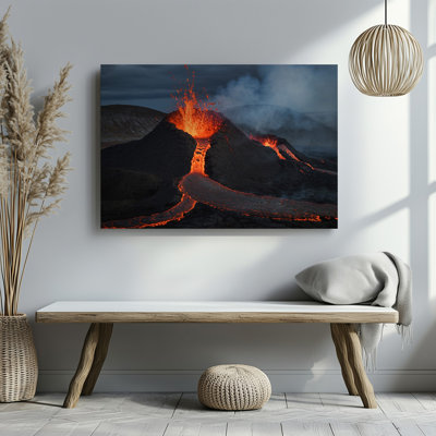 Canvas A Dramatic Aerial View Of An Erupting Volcano Showcasing Vibrant Wall Art Molten Lava Flowing Down The Rocky Slopes Contrasted Canvas Wall Art