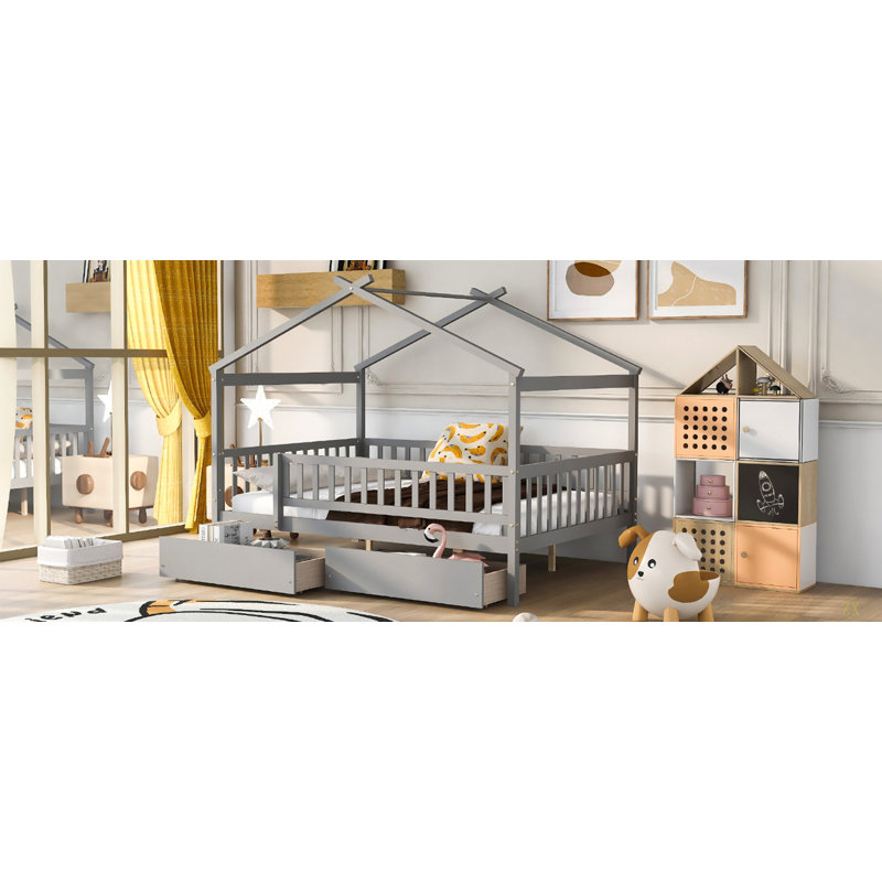 Lit double en bois avec deux tiroirs, Gris