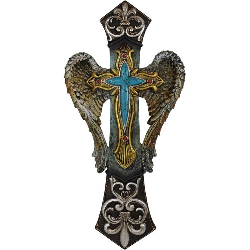 Megharam rustique toscane fleur de lys argenté avec ailes d'ange et croix de pierre turquoise
