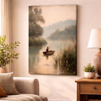 Framed Alvord Canvas Wall Art - Fisherman in Morning Mist River, Realistic Landscape - 24" x 36" for Living Room and Office