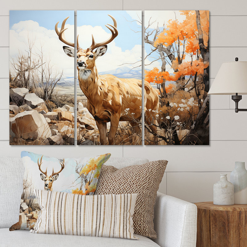 «Graceful Antelope Pastoral» sur toile, reproduction de 3 pièces, H 28 po x l 36 po x P 1 po