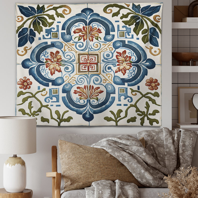 Mediterranean Tiles In Retro Blue I Polyester Tapestry, 50" H x 60" W
