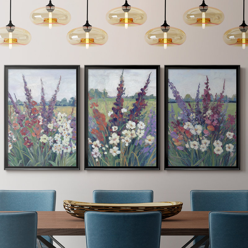 FLORAL Series DCXLI  -Custom Framed  Wrapped Gallery Canvas - 3 Pieces, Black, 30" H x 63" W