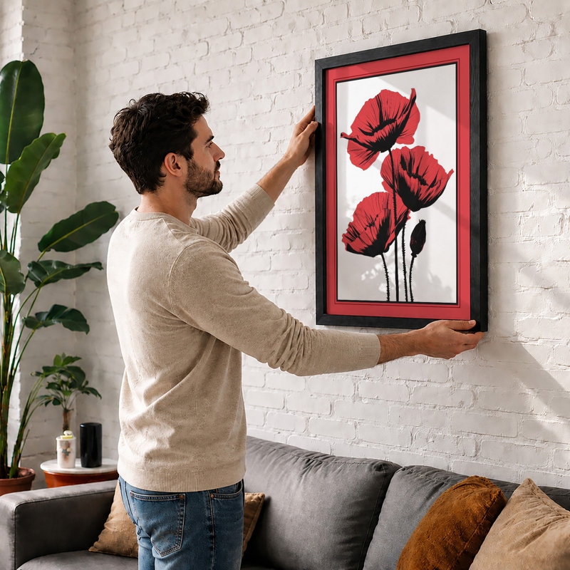 Red Poppies Botanical - Framed Print, Black, A3 - 42.0 x 29.7 cm