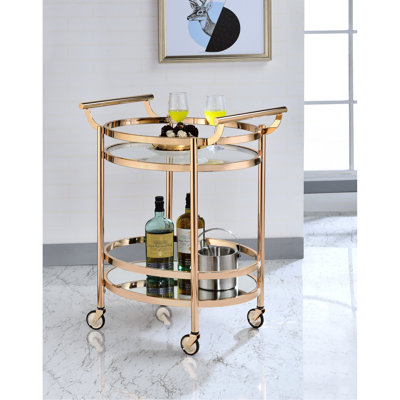 Chariot de service ovale en verre transparent et or rose, avec rangement ouvert, 2 tablettes, plateau en verre trempé, base miroir, structure et poignées en métal, roulettes, robuste, fond recouvert de plastique, facile à monter