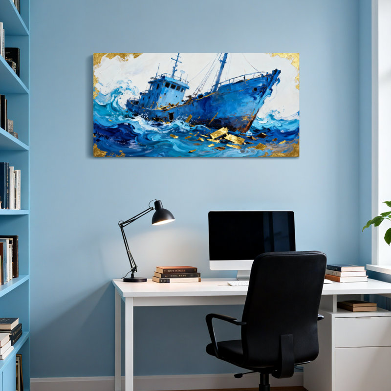Nautique et plage, bateau bleu orageux or sur toile, H 16 po x l 32 po