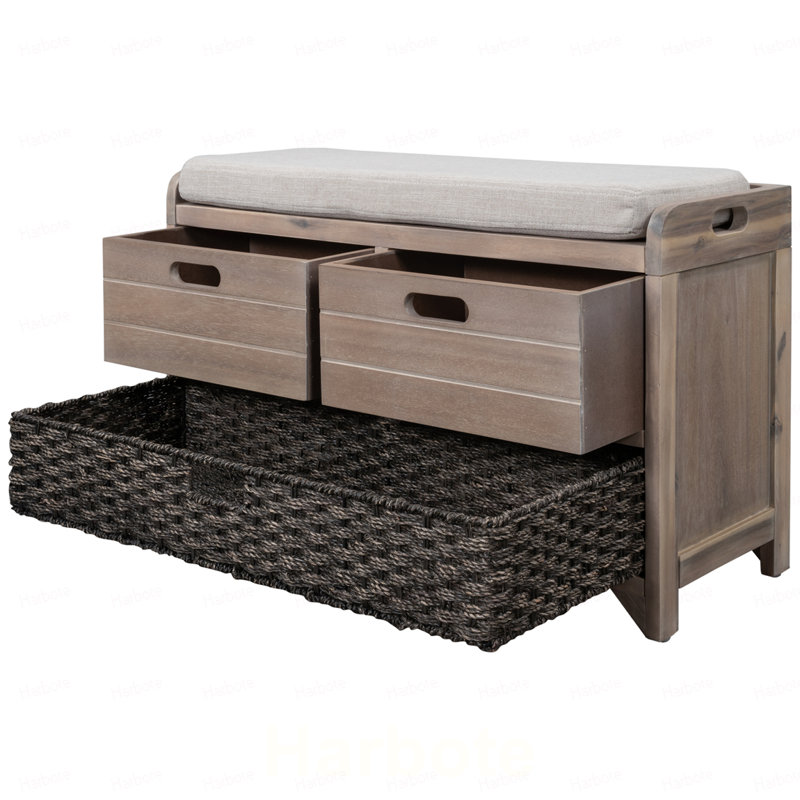 Banc de rangement avec panier amovible et 2 tiroirs, banc à chaussures entièrement assemblé avec coussin amovible