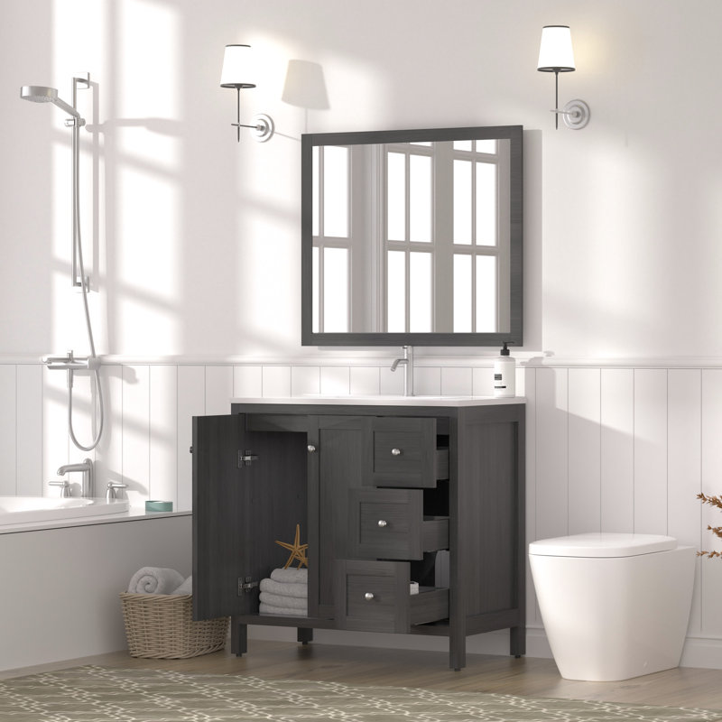 Meuble-lavabo moderne noir 35,5 po, lavabo en résine, rangement spacieux, charnières, surface d'eau, armoire de conception américaine, imperméable