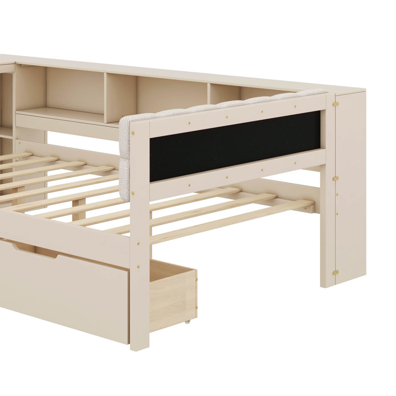Platform Bed With Storage Shelves, Drawers, Charging Station And Upholstered Headboard, Cream, Full