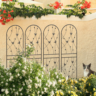 Paquet de 4 treillis de jardin en métal 71 po x 19,7 po antirouille pour plantes grimpantes, support à fleurs extérieur papillon noir