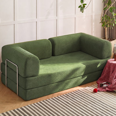 U-Shaped Cloud Sectional Compression Sofa With 2 Pillows,, Corduroy Fabric, Square Platform Design with Metal Frame, Floor Sofa Bed with Fixed-Shape Frame,Living Room Seating with Armrest(Green 78.7inch)