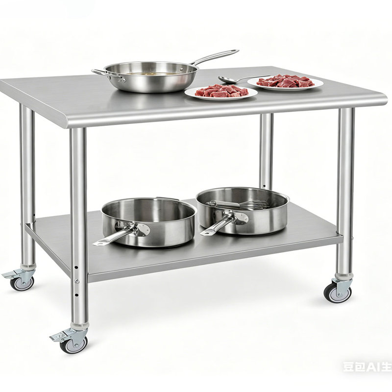 Table en acier inoxydable NSF, table de préparation en métal à 2 niveaux avec base réglable, roulettes et dosseret, table de préparation pour utilisation commerciale dans la cuisine, le restaurant, le garage, l'entrepôt, l'extérieur