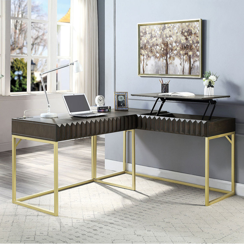 Bureau d'ordinateur transitionnel deux tons avec port USB et plateau escamotable, Brun