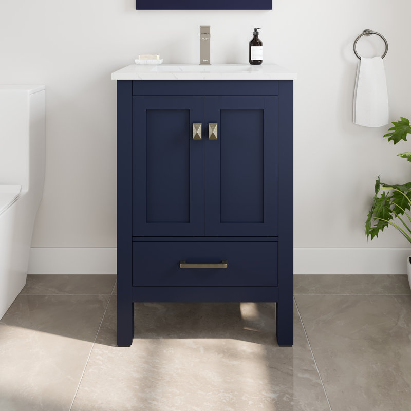  London 24 po Meuble-lavabo simple bleu avec comptoir en quartz de Carrare et lavabo encastré en porcelaine, 24"