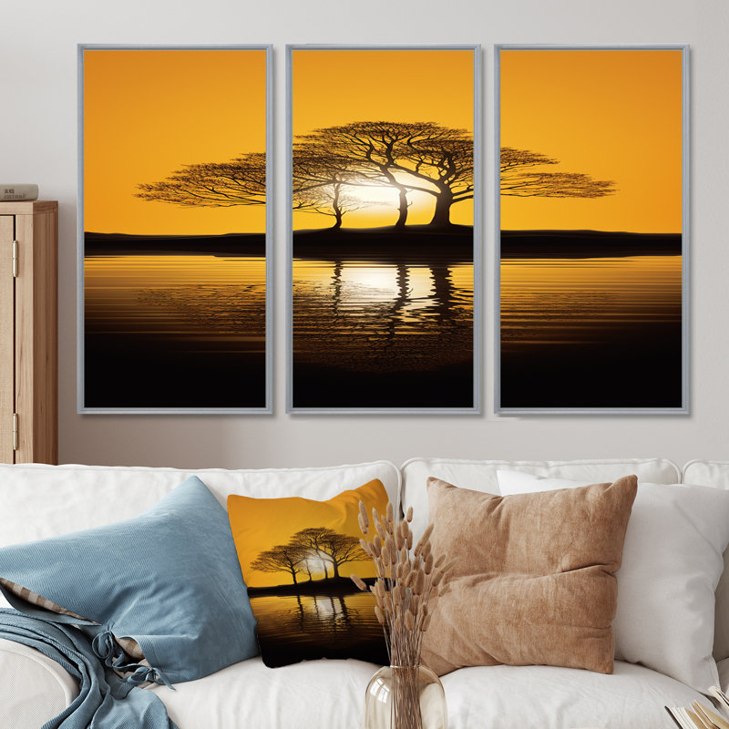 Coucher de soleil jaune à travers l'arbre noir - ensemble d'art mural chêne, Encadrement argenté, H 40 po x l 60 po x P 1 po