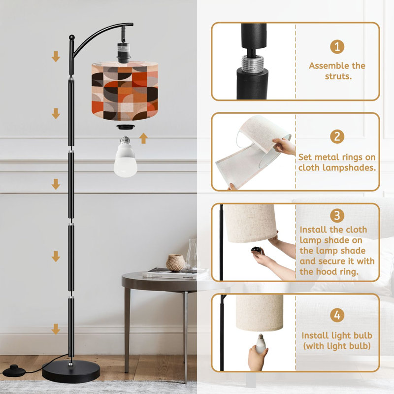  Arc Floor Lamp Mid century geometric abstract simple shapes beautiful color palette Tall Modern Standing Lamp LED Adjustable Linen Lampshade 3 Color Temperatures