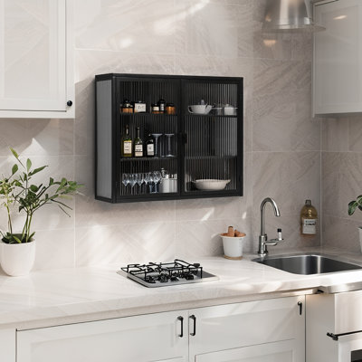 Modern Tempered Glass Two-door Wall Cabinet with Featuring Three-tier Storage, Detachable Shelves