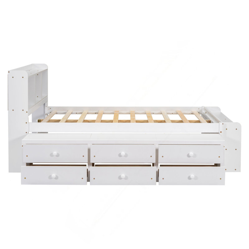 Lit avec tête de lit bibliothèque, tiroirs de rangement sous le lit et étui de rangement, Blanc