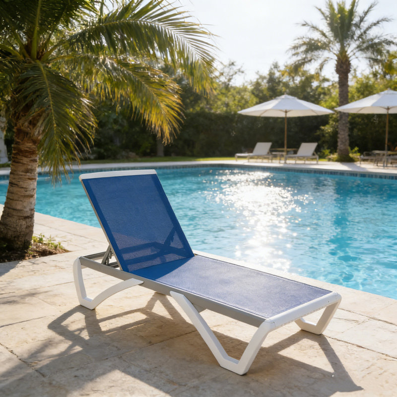 Kozyard Outdoor Chaise Lounge Chair, Full Flat Adjustable Patio Lounger with Aluminum Frame & Resin Legs, Textilene Fabric for Poolside, Backyard & Beach (Blue, W/O Table)