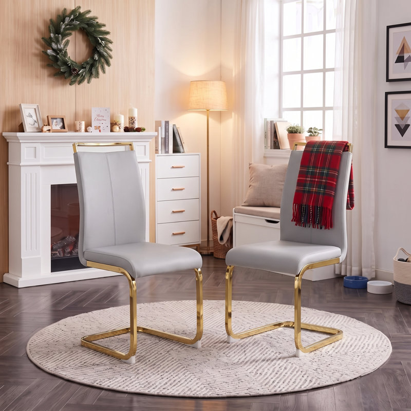 Amari Modern Faux Leather Cantilever Dining Chairs with Gold Finish Base (Set of 2), Light Gray, 2, Gold