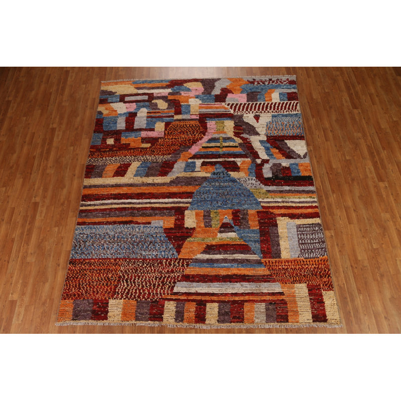 Tapis rouge en laine noué à la main de conception unique 7 pi 11 po x 9 pi 6 po New Age