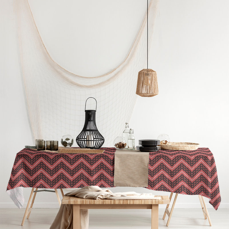 Stephenie Classic Hand Drawn Chevrons Tablecloth, Light Red/Black