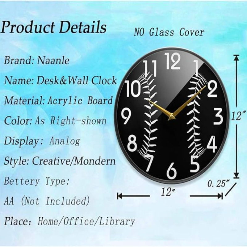 Horloge murale Naanle élégante à motif de dentelle de baseball ronde, horloge de bureau silencieuse silencieuse à quartz 12 pouces