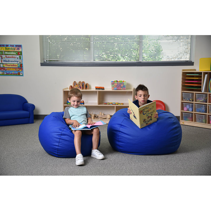 35" Round Vegan Leather Bean Bag, Blue Faux Leather