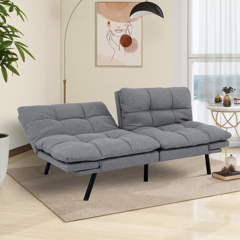 Futon Sofa Bed With Adjustable Armrests & Backrests & 2.5" Plush Memory Foam, 71" Couches For Living Room, Light Gray Linen