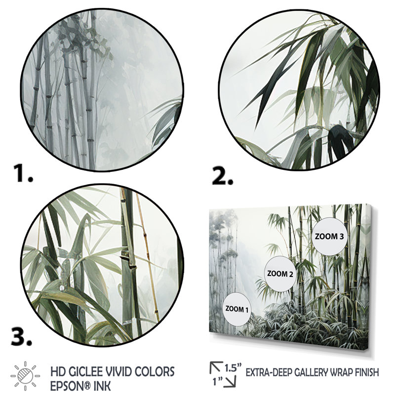 Gris et vert bambou tranquillité II - art mural Chine, Cadre flottant noir, H 24 po x l 32 po x P 1 po