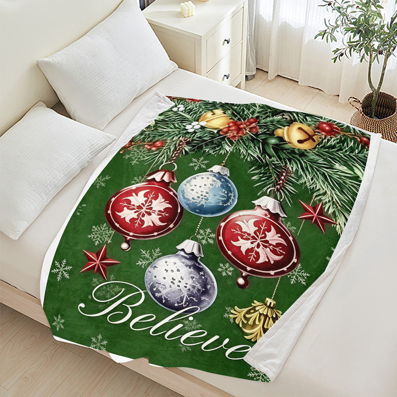 Plaid de Noël en flanelle polaire JYK, léger, respirant, doux, chaud et confortable en microfibre pelucheuse, 76 x 102 cm, décorations suspendues Believe