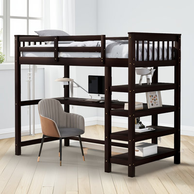 Lit mezzanine simple avec bureau sous le lit et tablettes de rangement - Fabrication en bois massif robuste et en bois aggloméré, conception peu encombrante pour la chambre à coucher / bureau