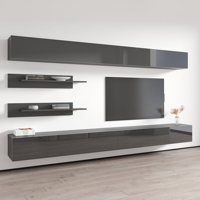 Narvaez 126" Modern Floating Wall Mounted Entertainment Center with 16-Color LED Lighting, High Gloss Finish, Gray