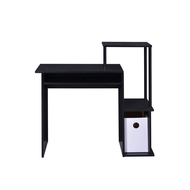 Bureau d'ordinateur noir avec tablette pour clavier, structure en métal et placage, forme rectangulaire, étagère et compartiment de rangement inclus, charge maximale de 32 kg sur la tablette, plateau en placage.