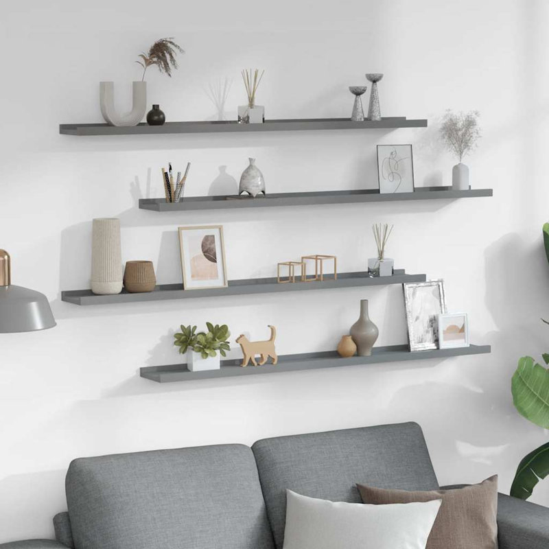 Wall Shelf Set of 4 Grey MDF Rectangular Floating Wall Shelves Modern Design, 1.2" H x 3.5" W x 39.4" D