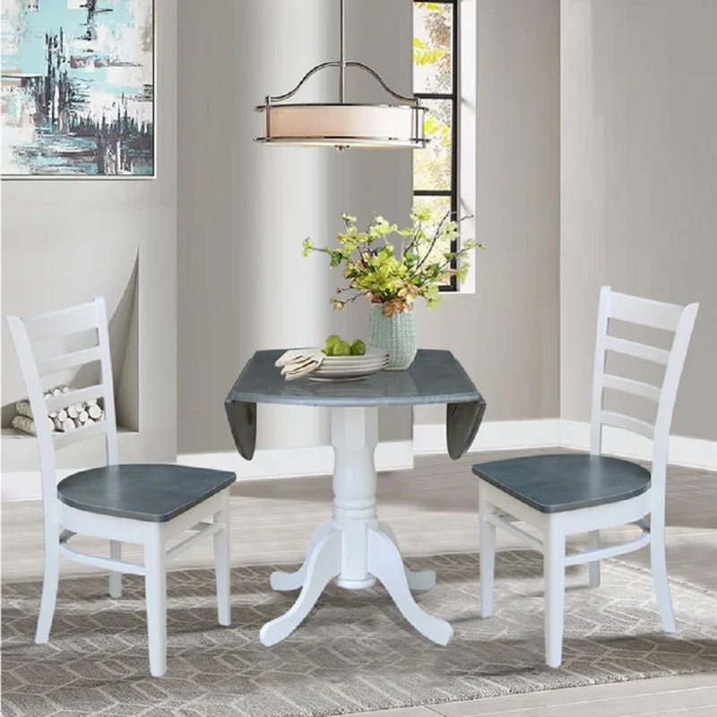  Hinerk - 2 Person Solid Wood Dual Dropleaf Dining Set, White/Heather Grey