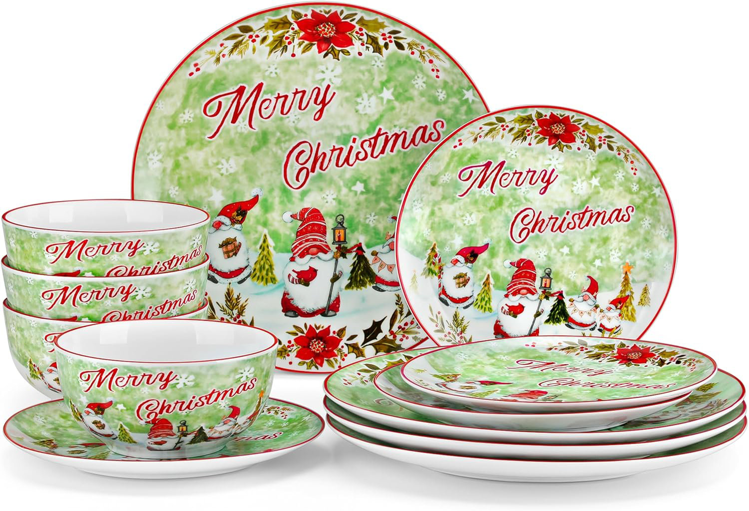 INKEDZ Christmas Plates and Bowls Set for 4, 12 PCS Porcelain ...