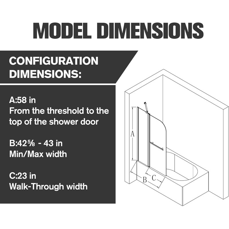 43 In X 58 In Tub Shower Door Panel, Frameless & Foldable Bathtub Glass Shower Door,180° Rotatable Pivot Glass Door Screen With 1/4" Thick Sgcc Tempered Glass