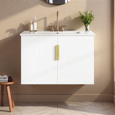 Meuble-lavabo de salle de bain vintage 30 po avec lavabo en céramique, lavabo simple en céramique à 3 trous, meuble-lavabo avec 2 portes à fermeture douce