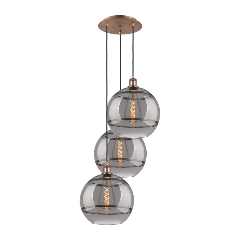Luminaire suspendu en grappe à 3 lumières Chartoff, H 40,88 po x l 18,5 po x P 18,5 po, Gris fumée clair, Cuivre antique