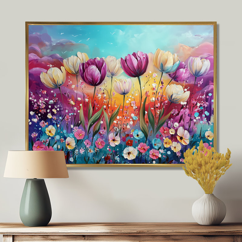 Inisha fantaisie lavande et champ de tulipes I - tulipes, art mural, H 34 po x l 44 po, Impression encadrée flottante, Doré