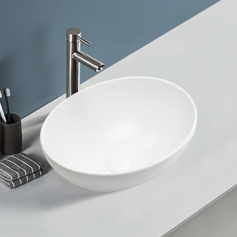 Topcraft 16" White Oval Ceramic Bathroom Vessel Sink, Top Mount Vanity Basin