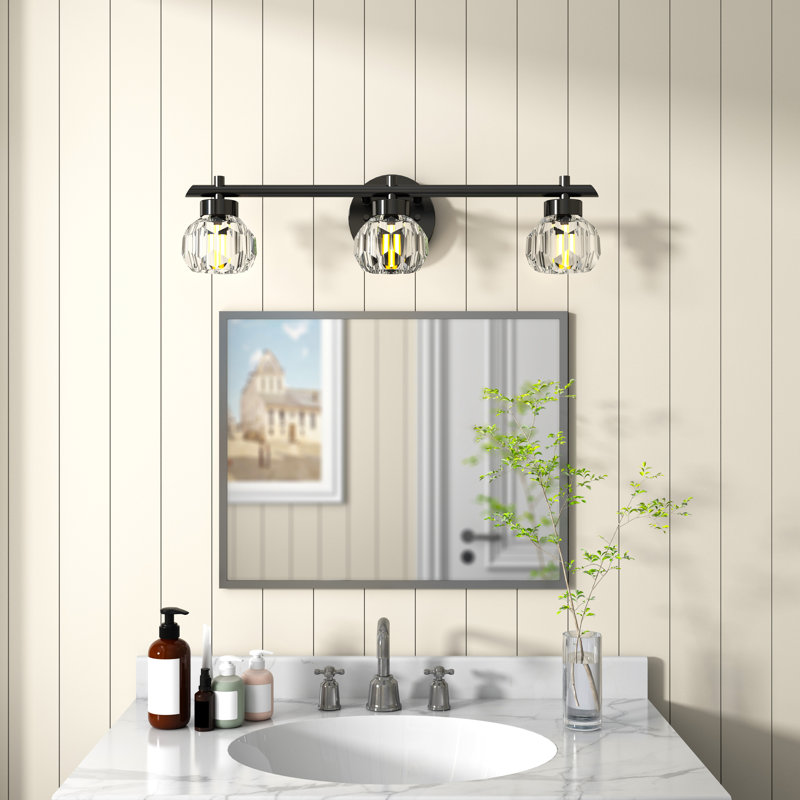 Éclairage pour meuble-lavabo moderne à intensité variable 3 lumières Meranda noir mat avec abat-jour cristal 22 po Meranda