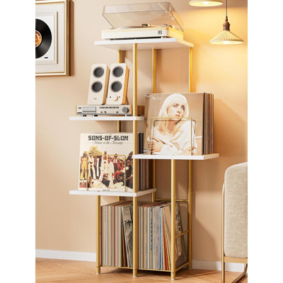 Support pour tourne-disque, support de rangement pour disque vinyle avec étagère de présentation, table tournante avec support pour album en vinyle, brun et rustique