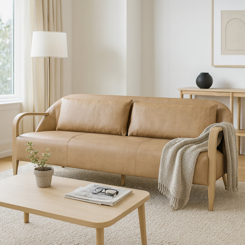 Luxury Sofa Couch And Loveseat Combo With Wood Arms - Mid Century Modern Leather Sofa Perfect For Indoor Or Outdoor Home Decor - 87", Tan